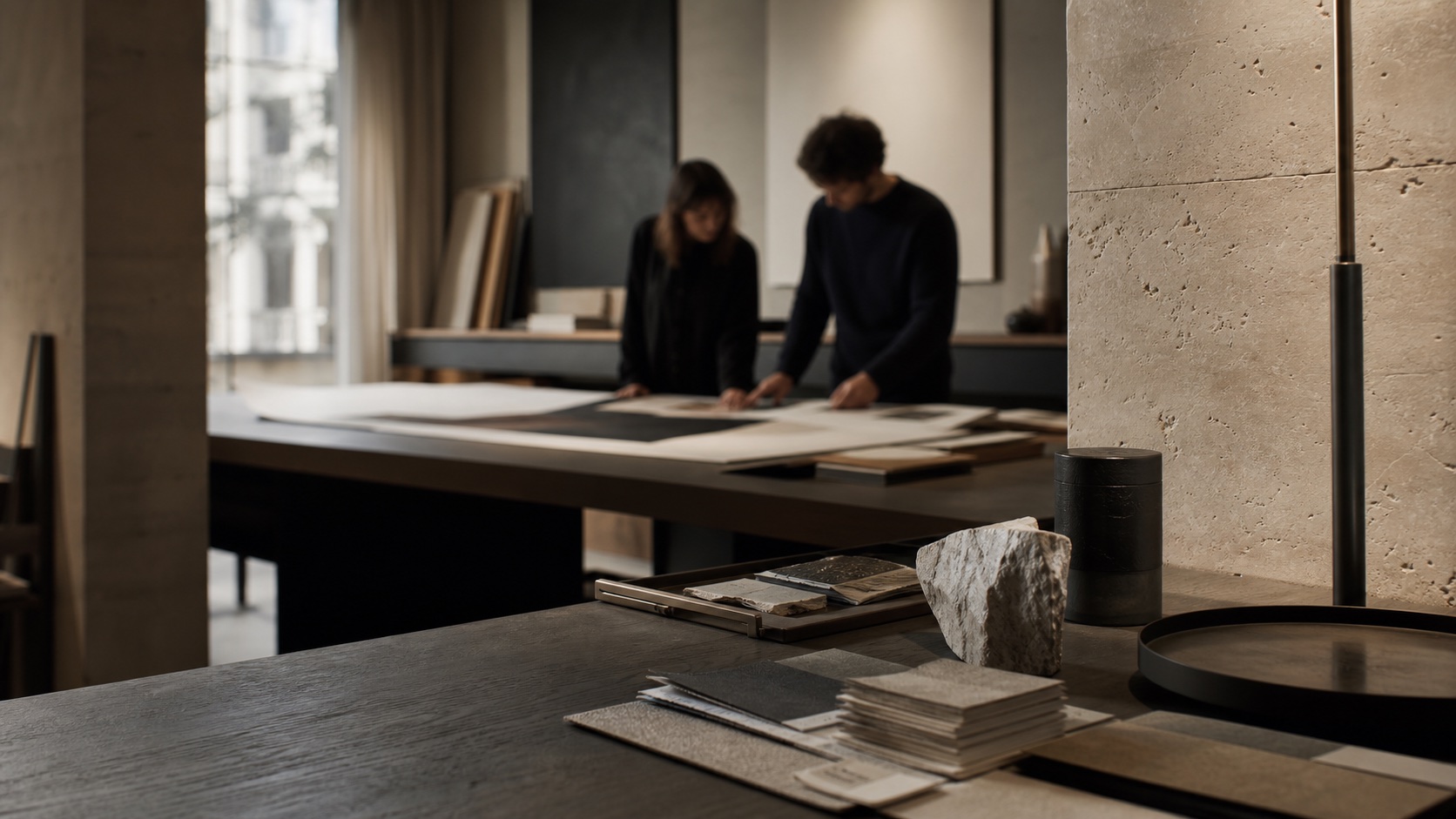 Graficy pracujący nad kompozycjami i próbkami materiałów w studio Art Partners